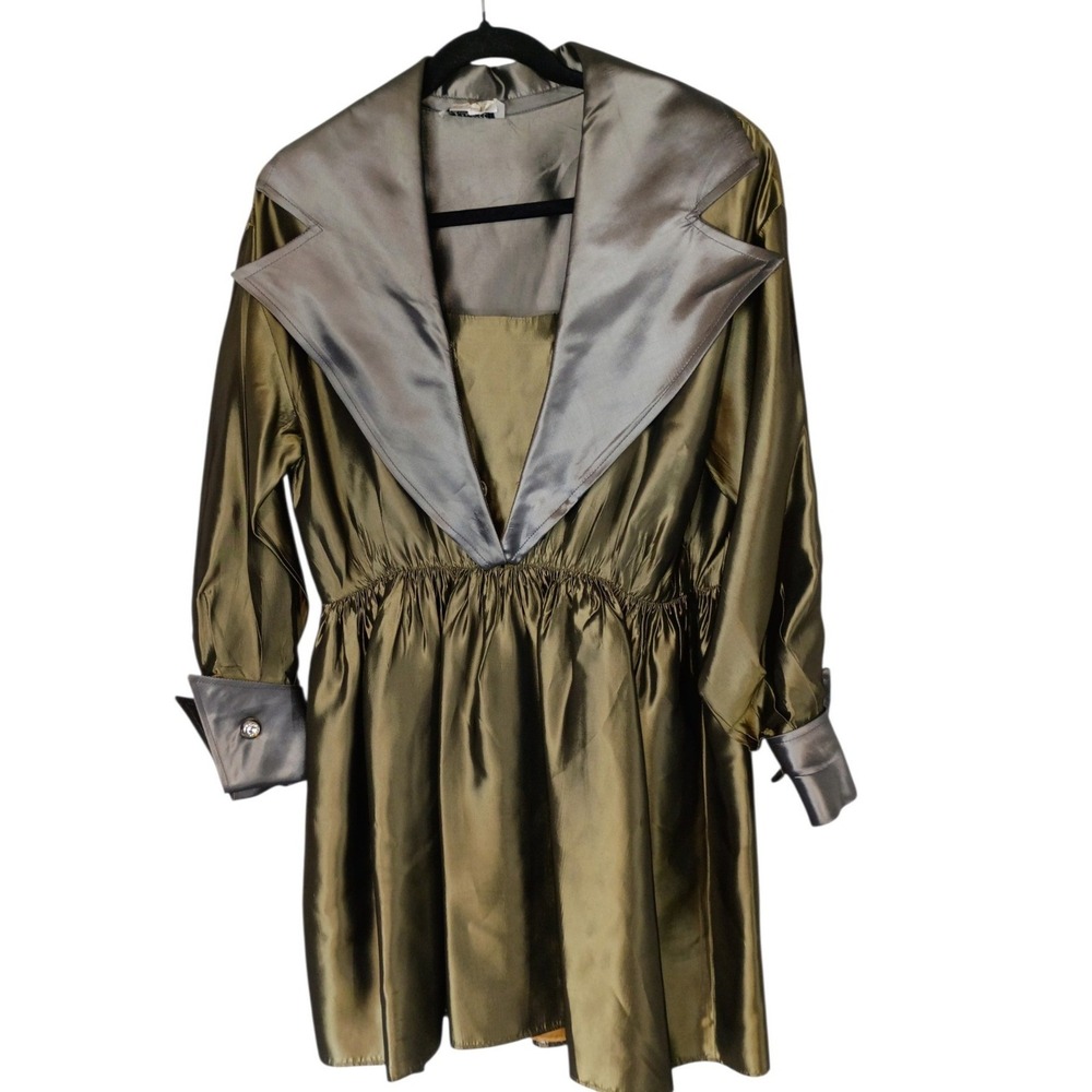Vintage Olive Green Taffeta Mini Dress Grey Contrast Lapel Rhinestone Cuffs